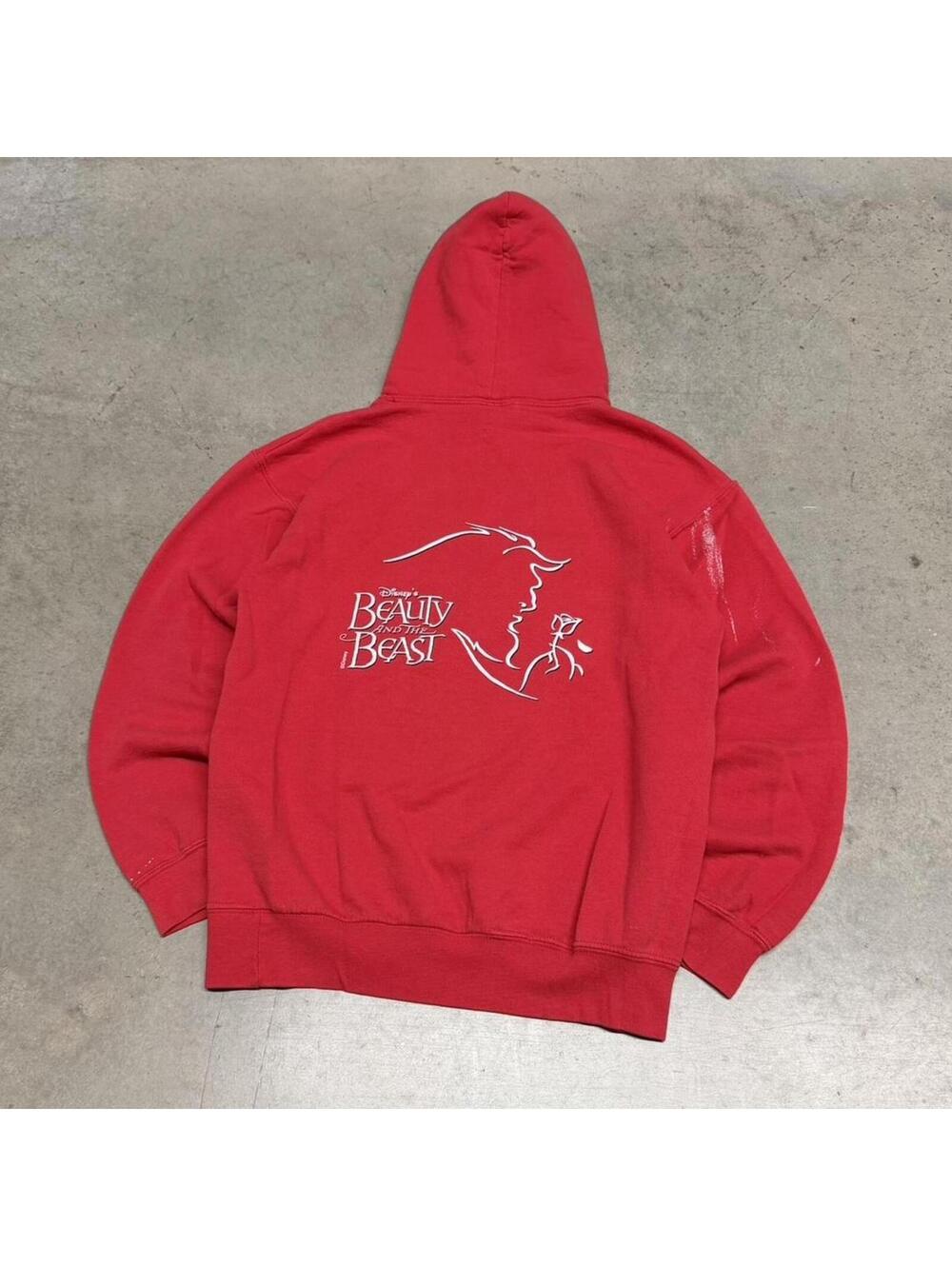 Vintage 2000s Beauty And The Beast Cast and Crew Distressed Faded Red Hoodie